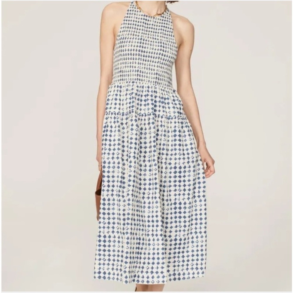 Madewell Blue White Diamond Ikat Smocked Halter Midi Dress Womens Medium